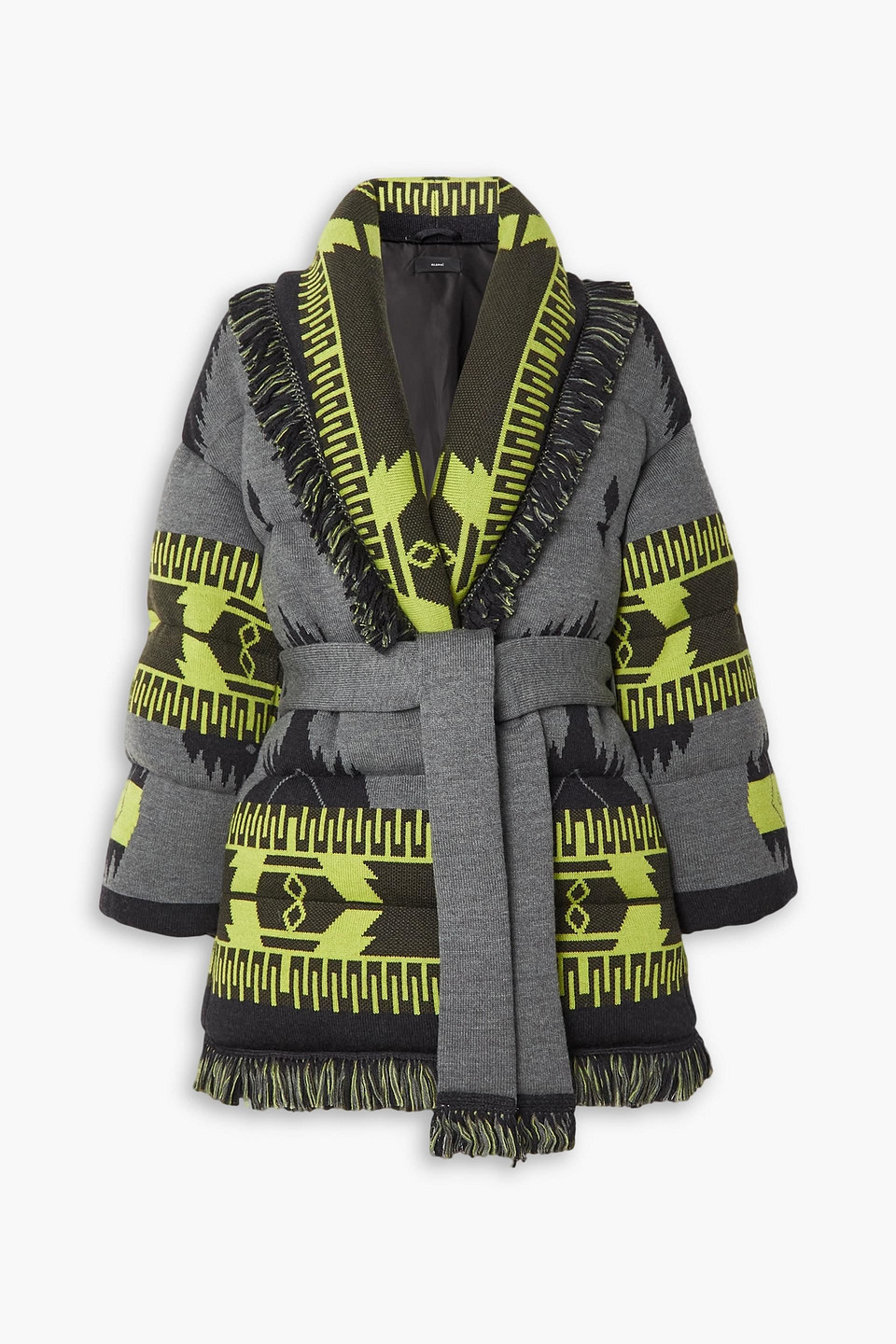 Alanui Icon Belted Fringed Quilted Wool-jacquard Down Jacket In Anthracite