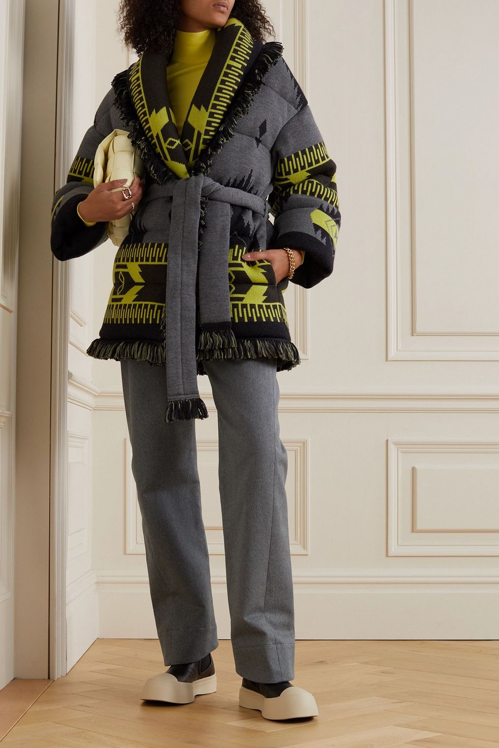 Icon belted fringed quilted wool-jacquard down jacket - anthracite - XS/S