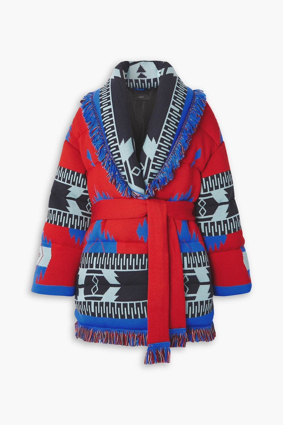Alanui Icon Belted Fringed Quilted Wool-jacquard Down Jacket In Red