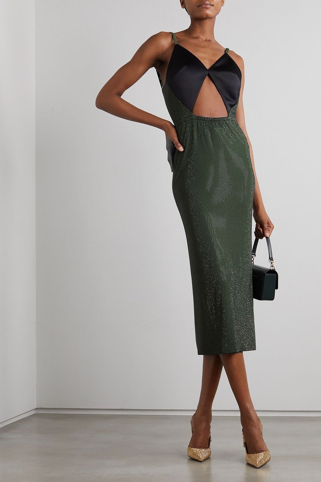CHRISTOPHER KANE 더 밤셸 컷아웃 크리스털 장식 스트레치 저지 새틴 미디 드레스