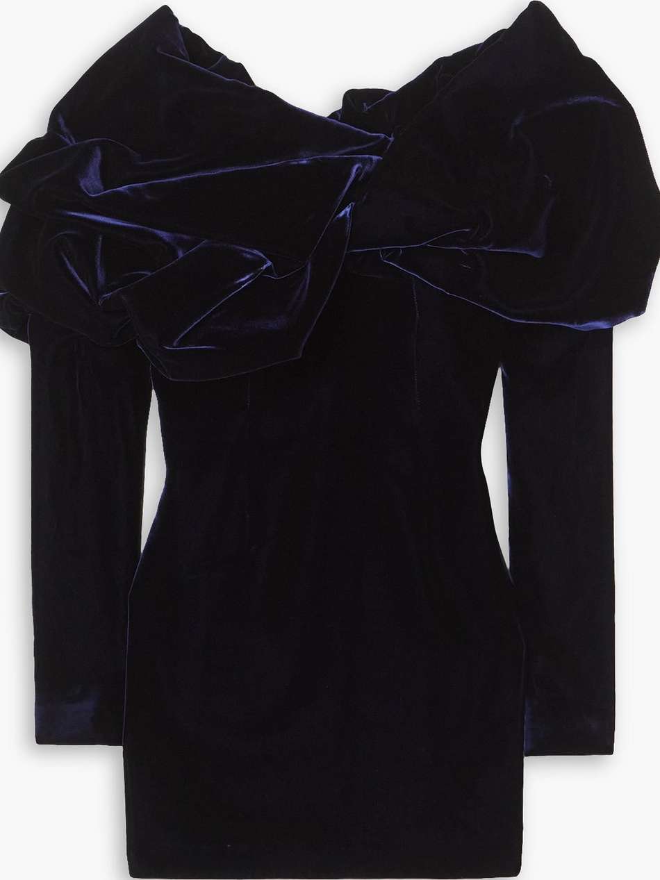 off-the-shoulder gathered velvet mini dress