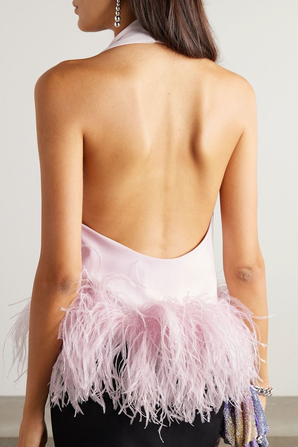 16ARLINGTON Salina feather-trimmed crepe halterneck top