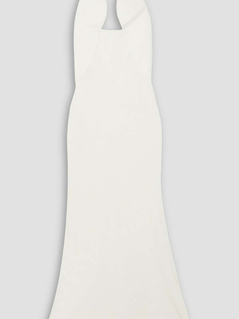 paneled piqué and silk-crepe halterneck gown
