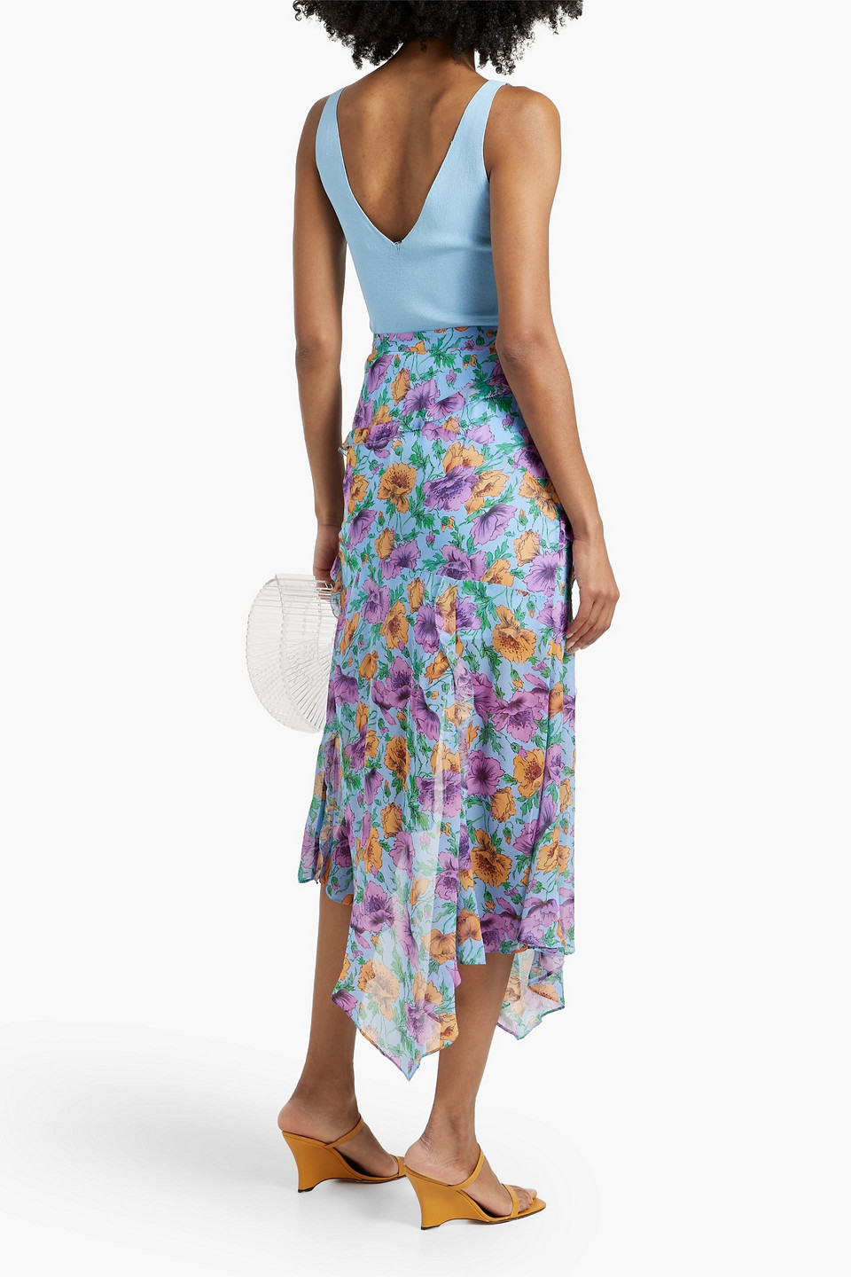 Shop Veronica Beard Eleonora Ruffled Floral-print Silk-chiffon Midi Skirt In Blue