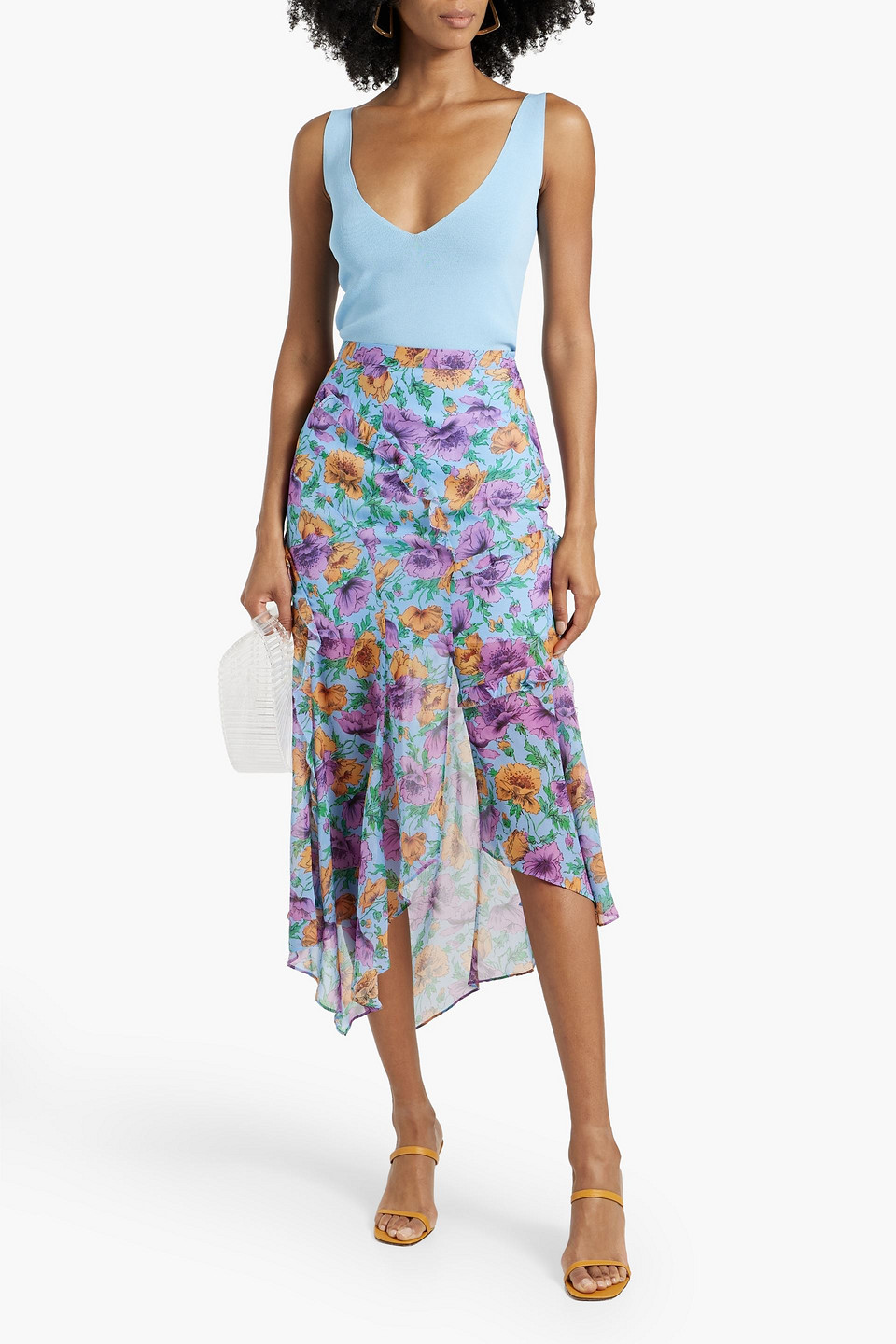 Shop Veronica Beard Eleonora Ruffled Floral-print Silk-chiffon Midi Skirt In Blue