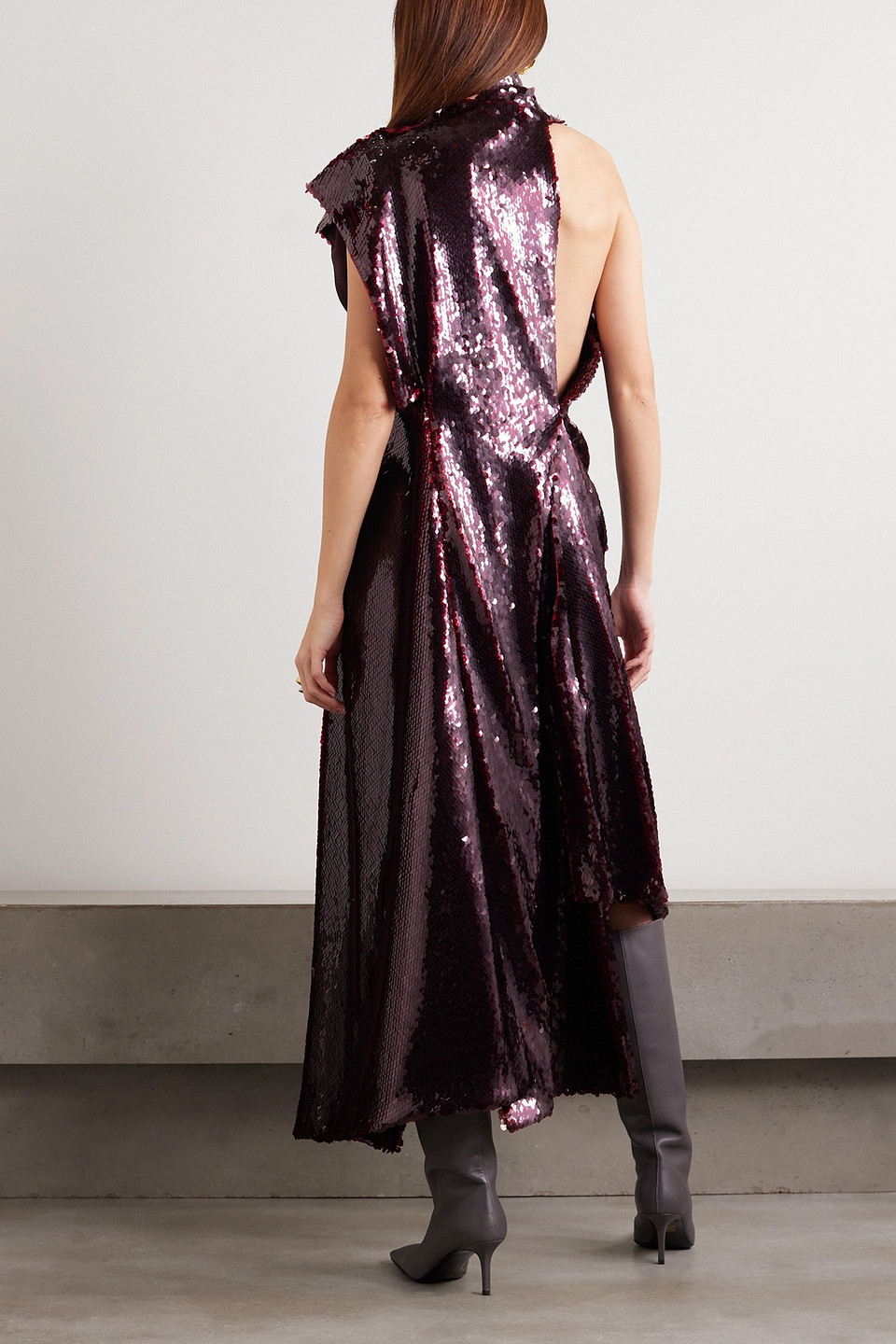 A.W.A.K.E. ASYMMETRIC DRAPED SEQUINED SATIN DRESS