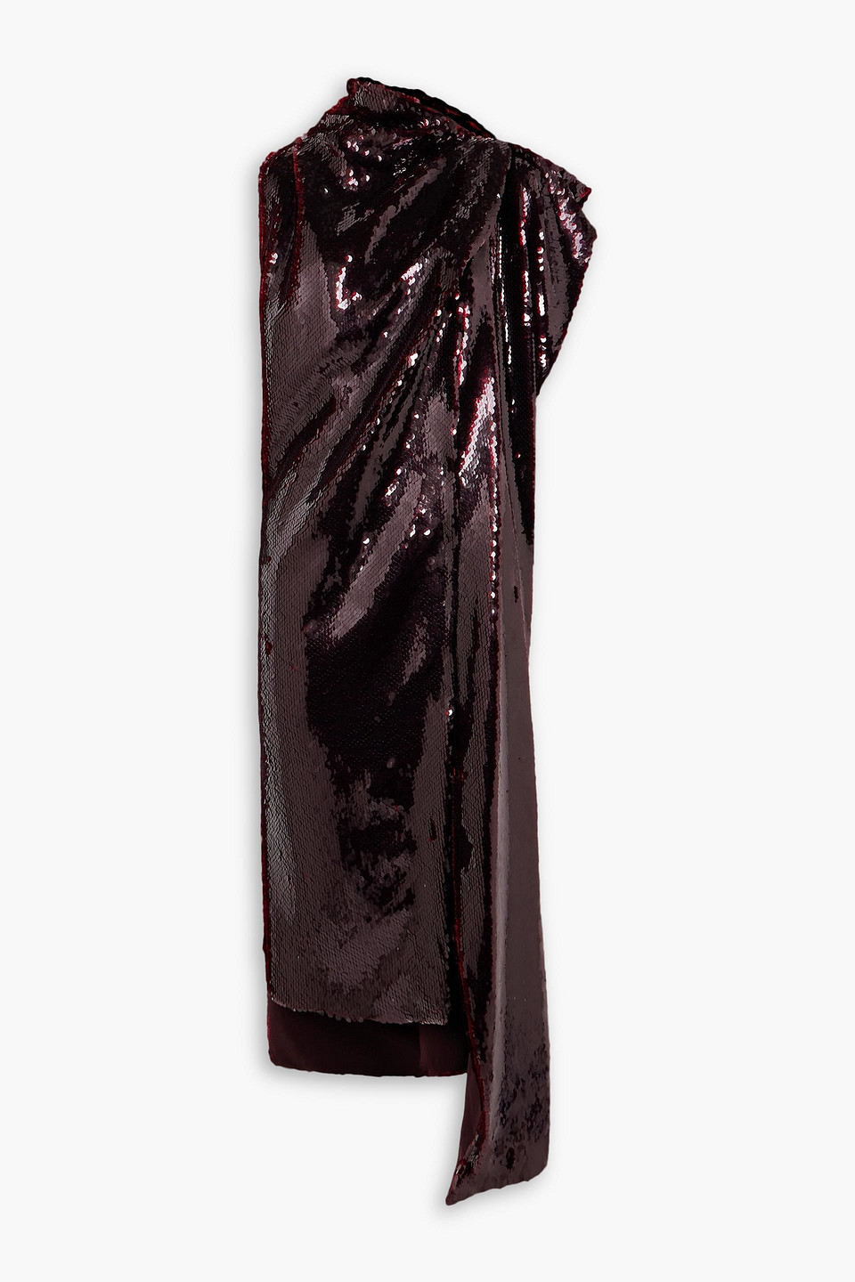 A.w.a.k.e. Asymmetric Draped Sequined Satin Dress In Burgundy