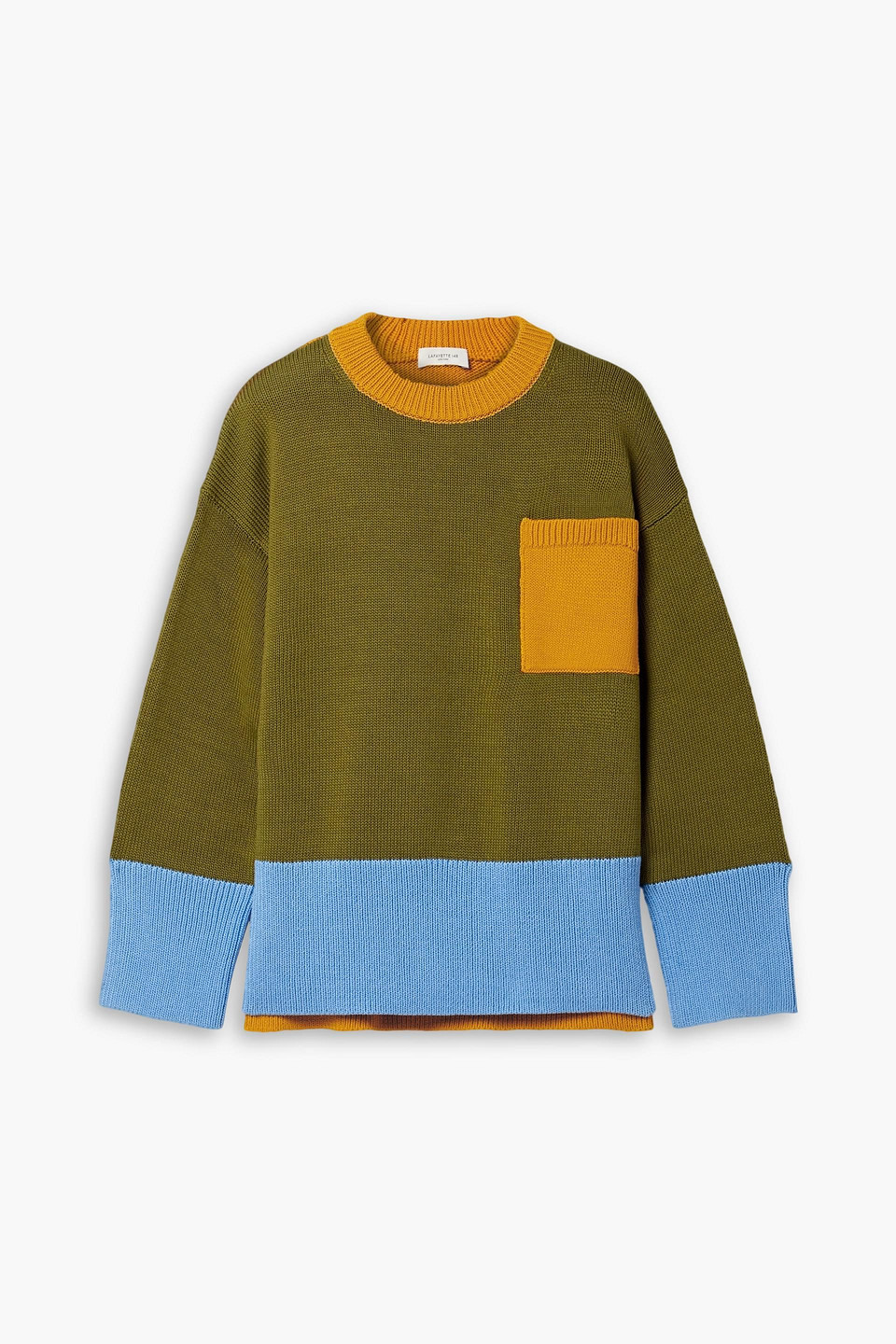 Lafayette 148 Color-block Cotton And Silk-blend Sweater In Army Green