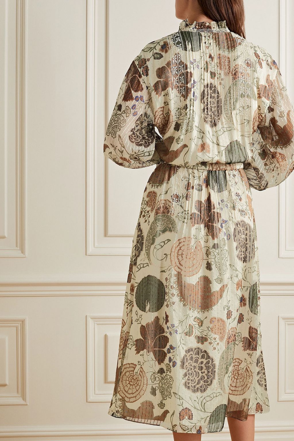 LAFAYETTE 148 Pleated embroidered printed silk-blend chiffon midi dress