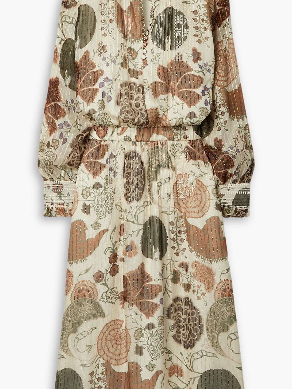 pleated embroidered printed silk-blend chiffon midi dress