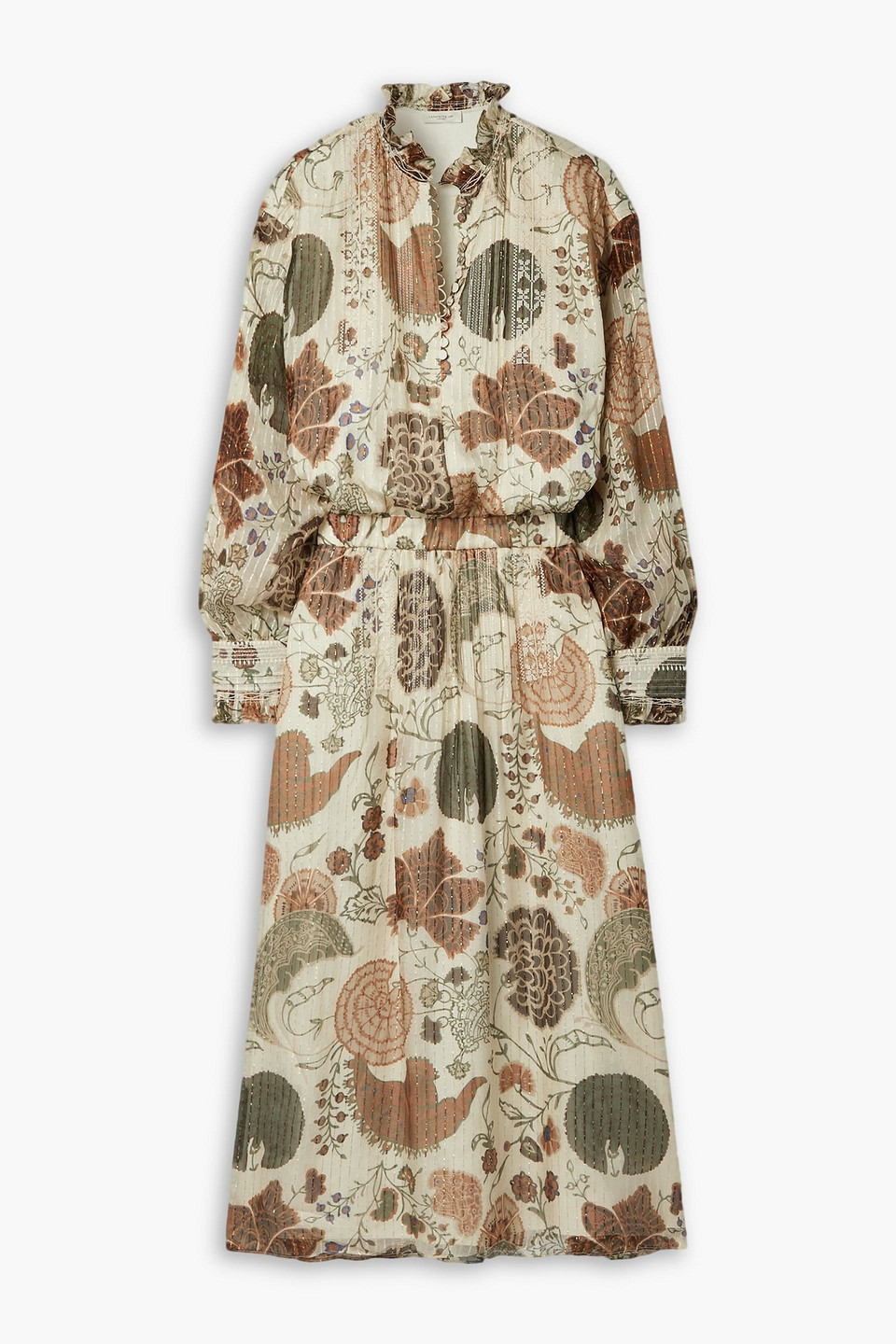 Lafayette 148 Pleated Embroidered Printed Silk-blend Chiffon Midi Dress In Beige