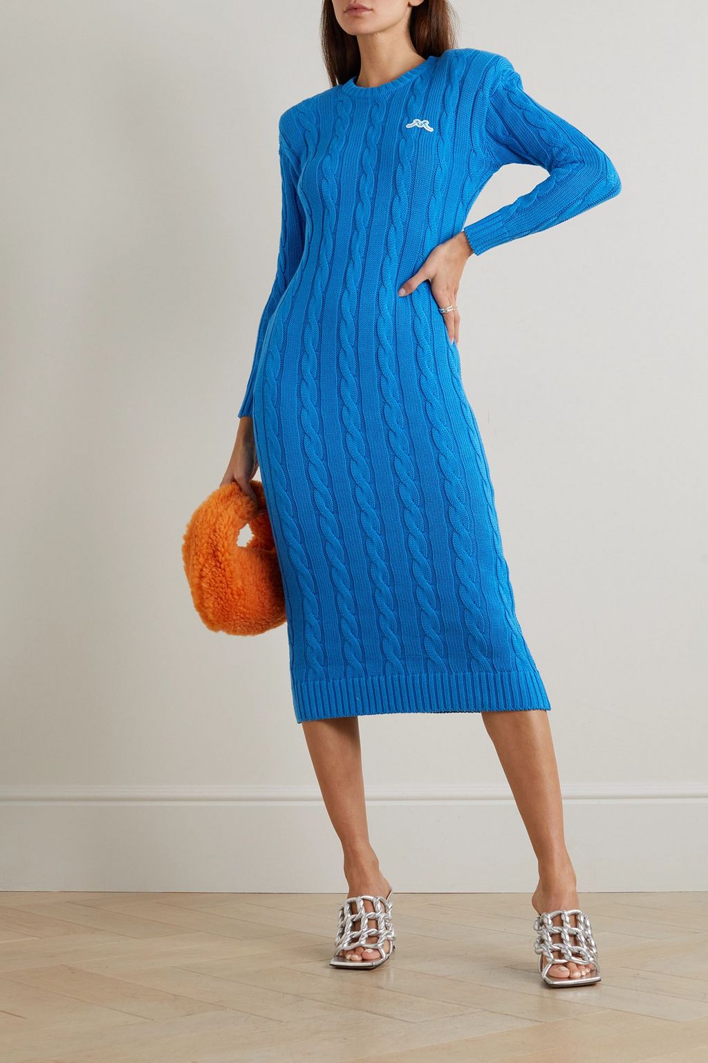 ROWEN ROSE Appliquéd cable-knit cotton and cashmere-blend midi dress