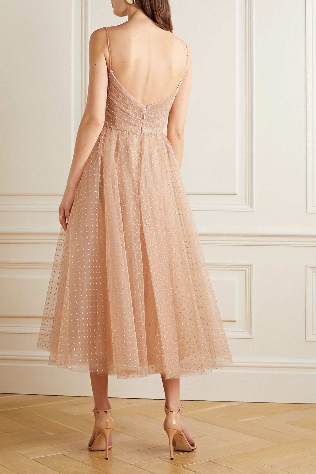 MONIQUE LHUILLIER グリッタードチュールギャザードミディワンピース