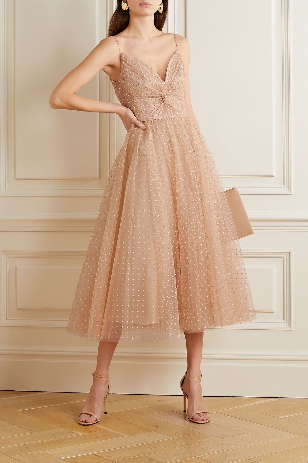 MONIQUE LHUILLIER グリッタードチュールギャザードミディワンピース