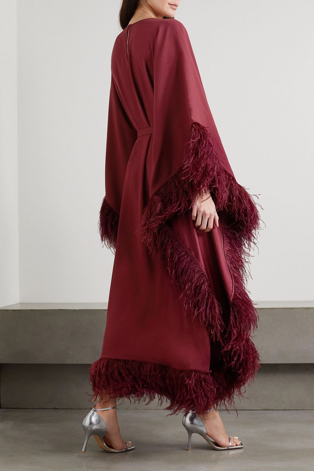 HUISHAN ZHANG Calista belted feather-trimmed crepe kaftan