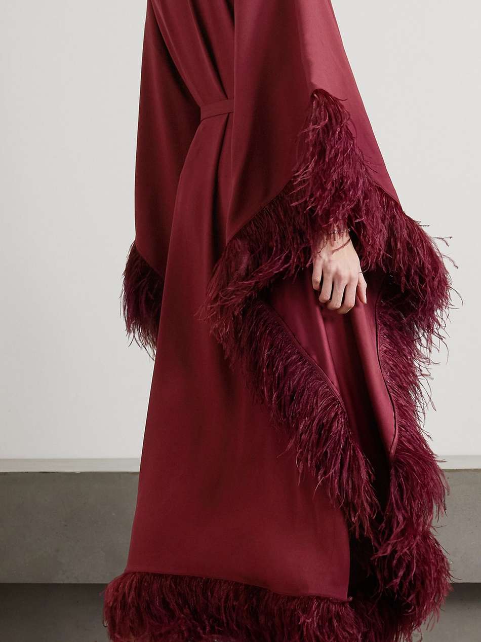 calista belted feather-trimmed crepe kaftan