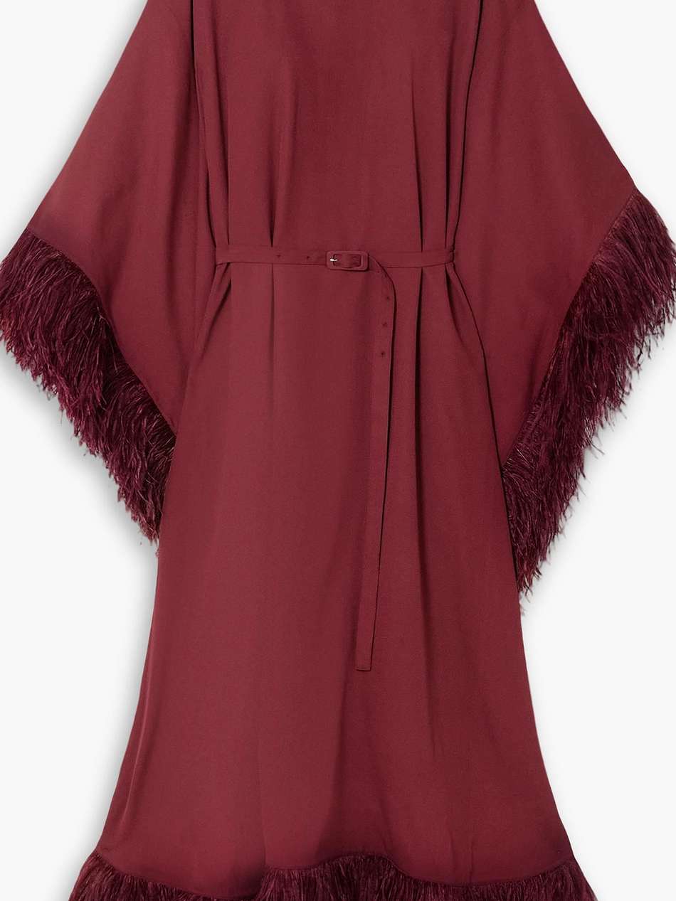 calista belted feather-trimmed crepe kaftan