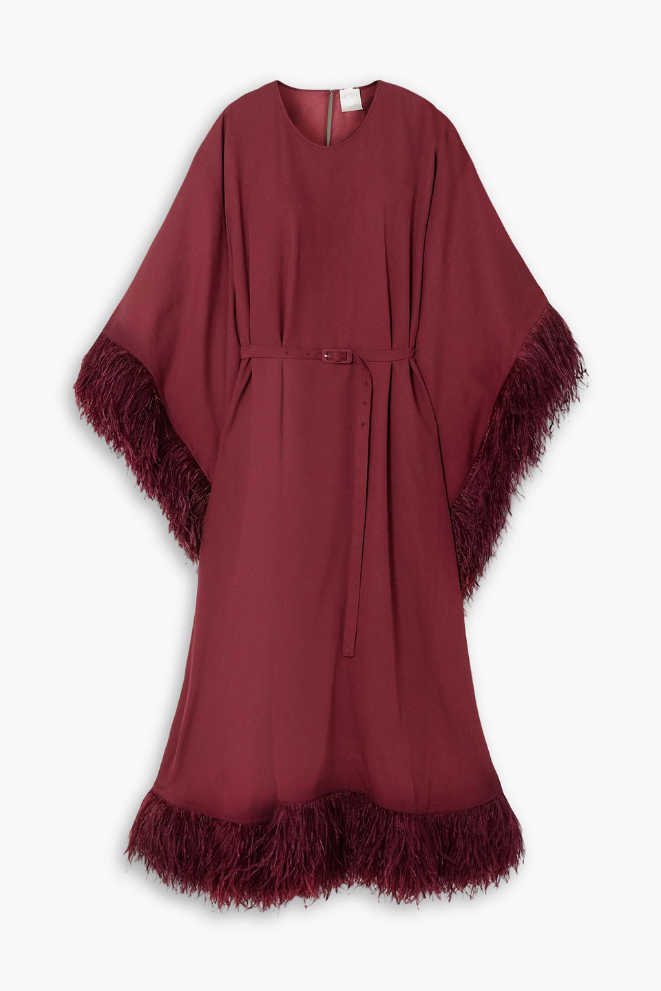 Huishan Zhang Calista Belted Feather-trimmed Crepe Kaftan In Burgundy