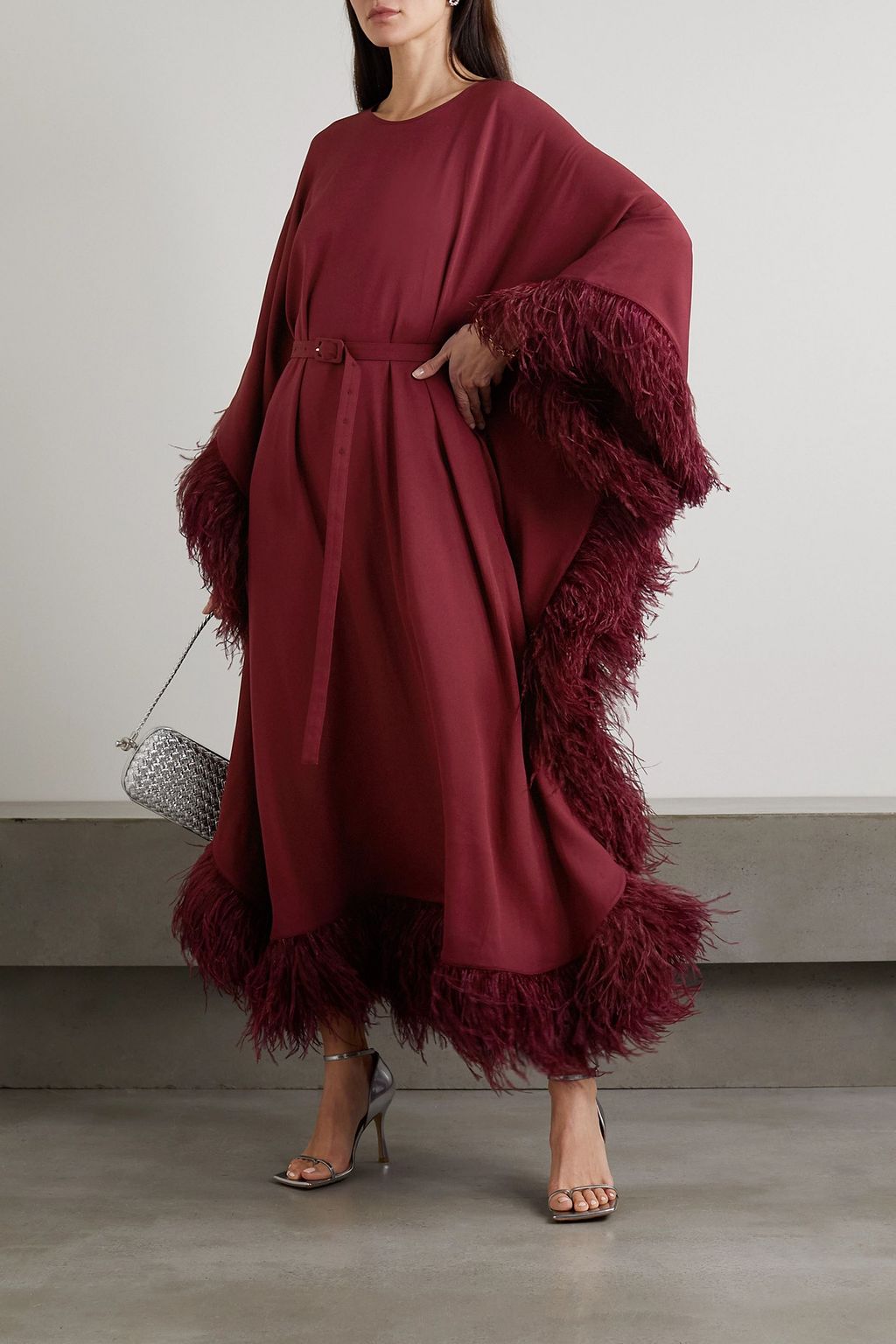 HUISHAN ZHANG Calista belted feather-trimmed crepe kaftan