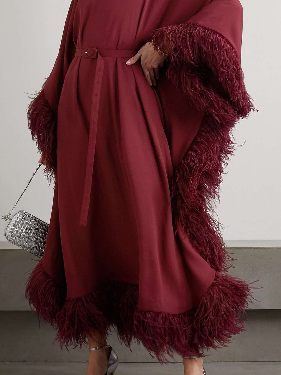calista belted feather-trimmed crepe kaftan