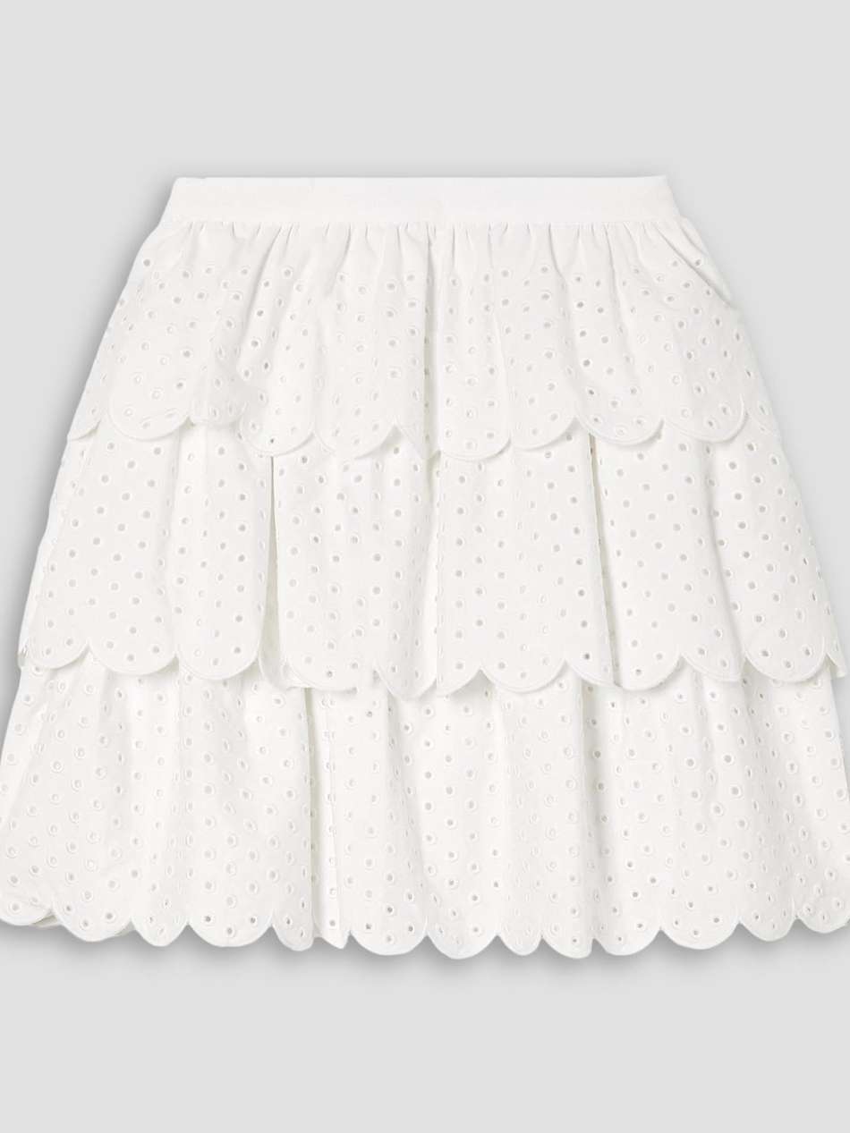 scalloped tiered broderie anglaise cotton-blend mini skirt