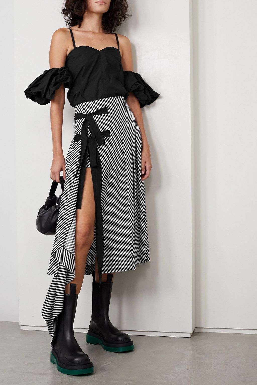MONSE Grosgrain-trimmed pleated striped silk-twill midi skirt