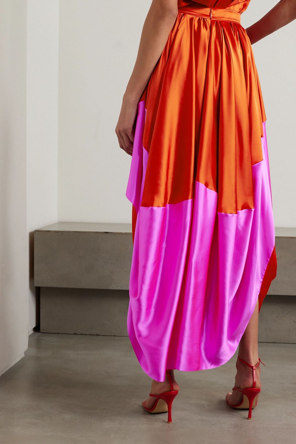 ROKSANDA Kobi asymmetric draped pleated two-tone silk-satin maxi skirt