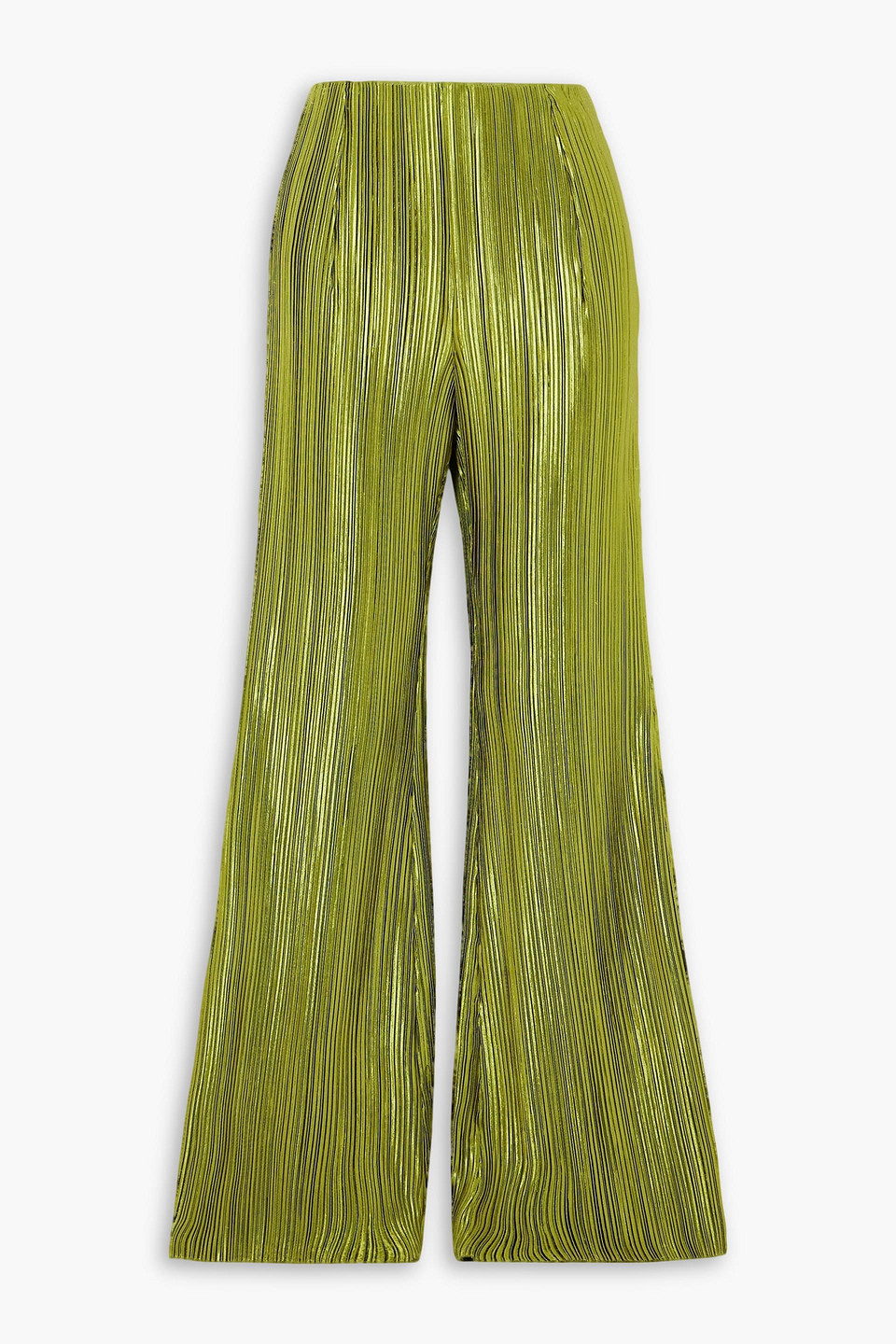 Galvan Nuage Metallic Plissé-crepe Flared Pants In Lime Green