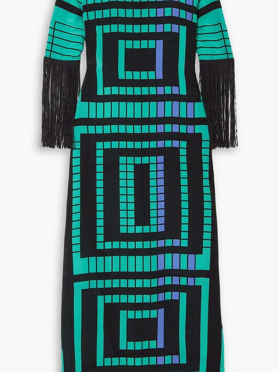 fringed printed silk crepe de chine maxi dress
