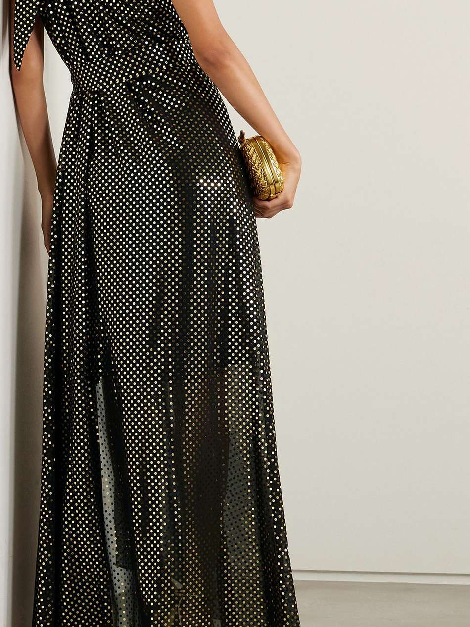 one-shoulder bow-detailed metallic polka-dot chiffon gown