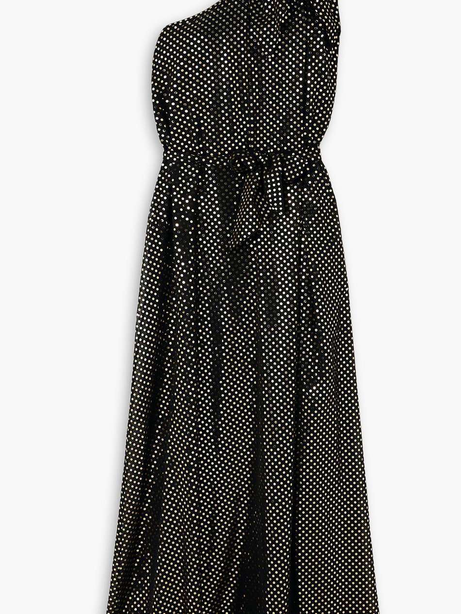one-shoulder bow-detailed metallic polka-dot chiffon gown