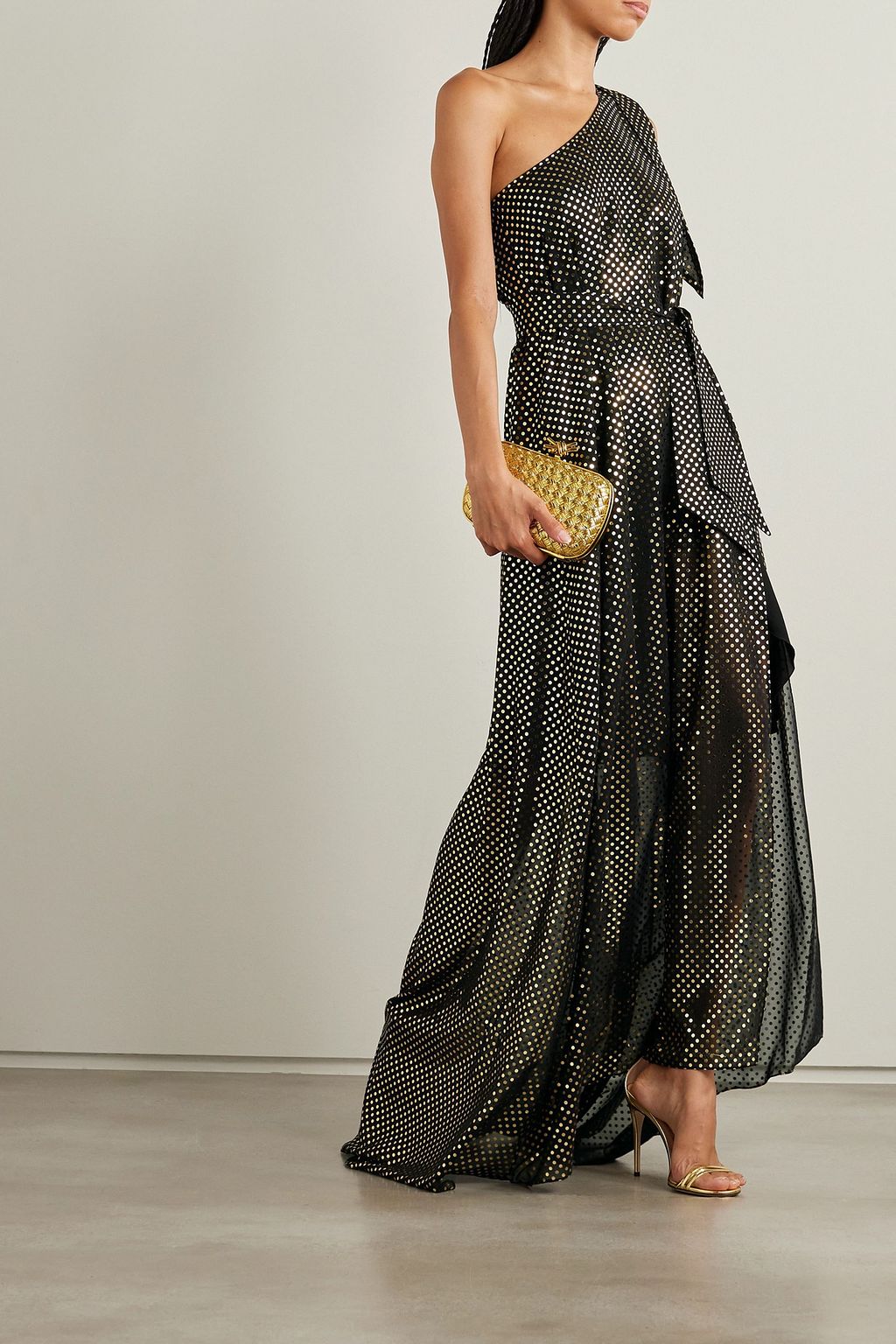 HALPERN One-shoulder bow-detailed metallic polka-dot chiffon gown