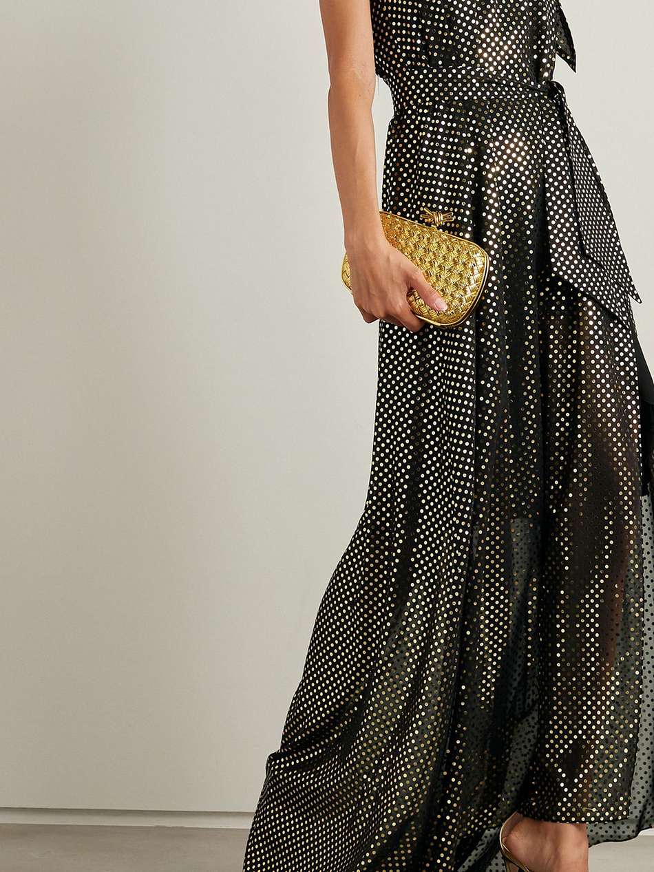 one-shoulder bow-detailed metallic polka-dot chiffon gown