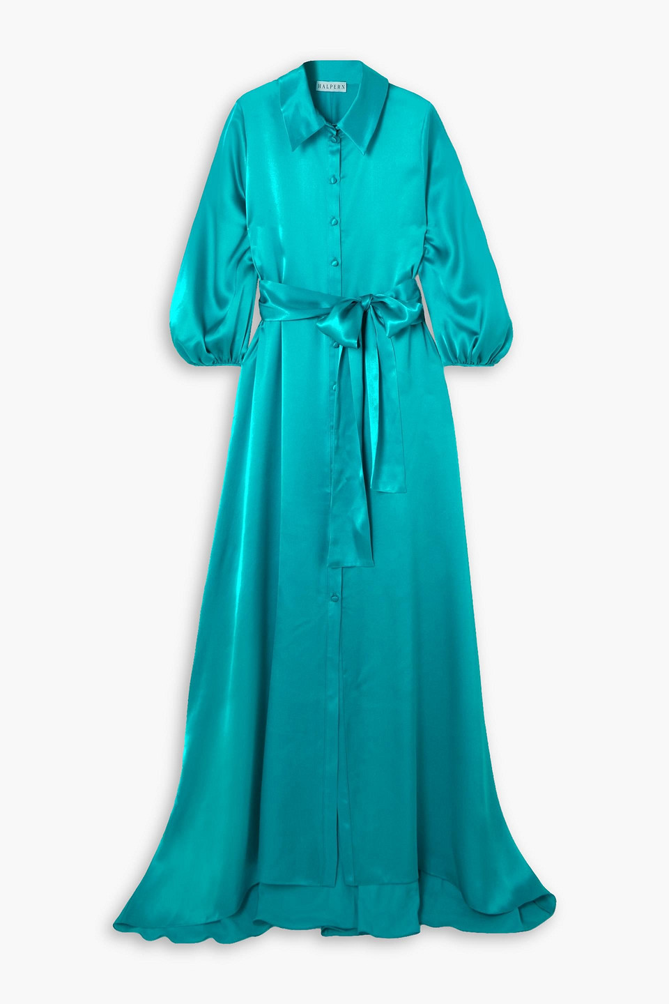 Halpern Belted Silk-satin Maxi Shirt Dress In Teal