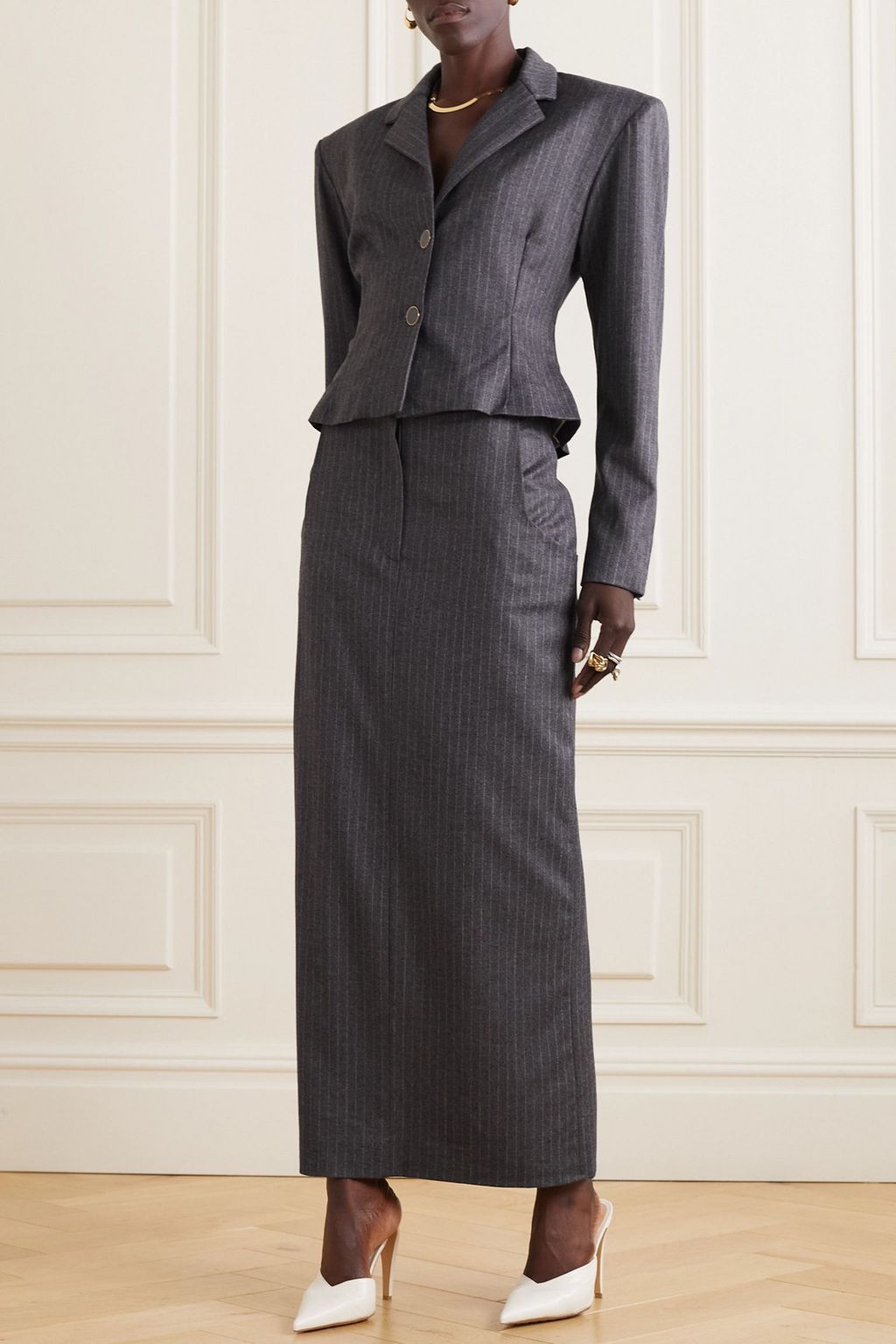ROWEN ROSE Pinstriped wool and cashmere-blend maxi skirt