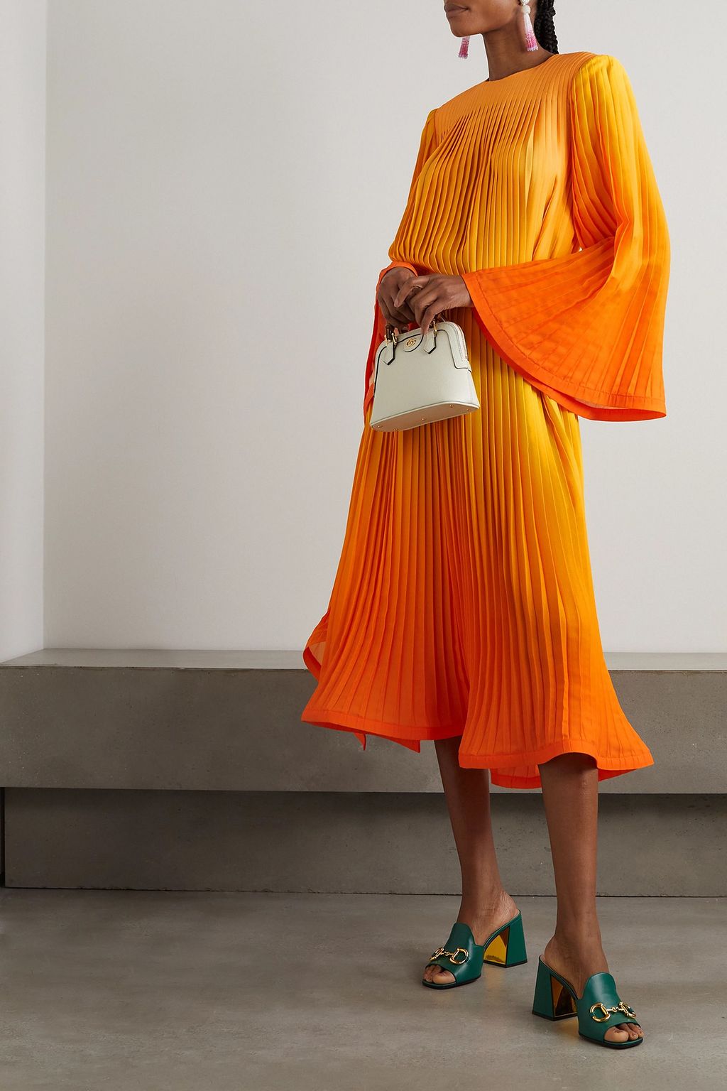 ROWEN ROSE Belted ruffled pleated dégradé georgette midi dress