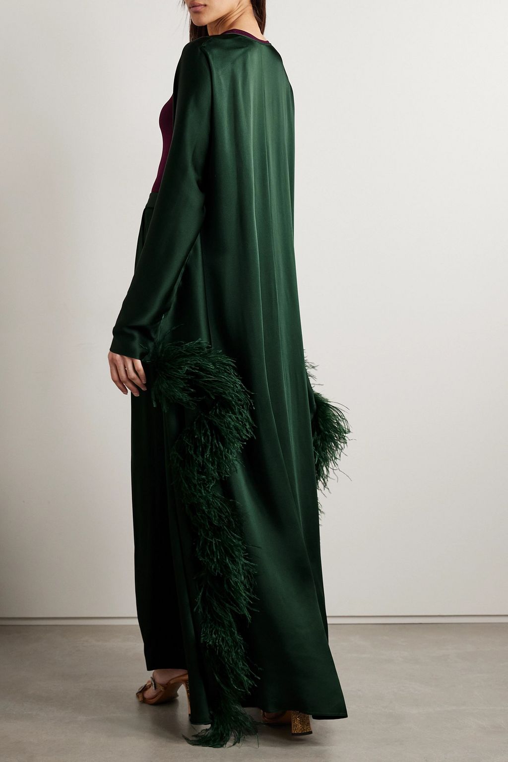 LAPOINTE Feather-trimmed satin-crepe kaftan