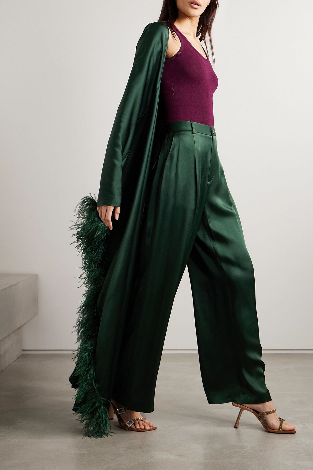 LAPOINTE Feather-trimmed satin-crepe kaftan