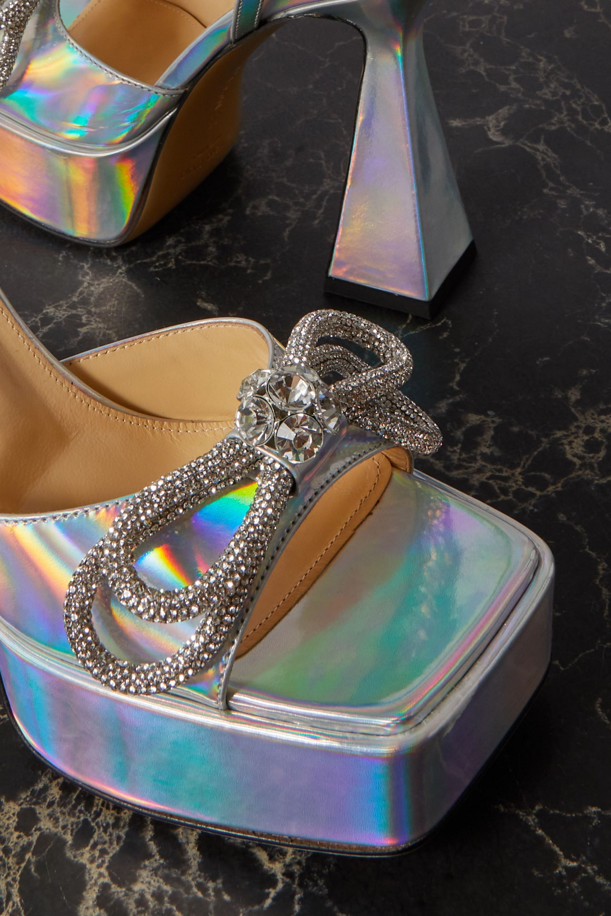 MACH & MACH Double Bow crystal-embellished iridescent leather platform sandals