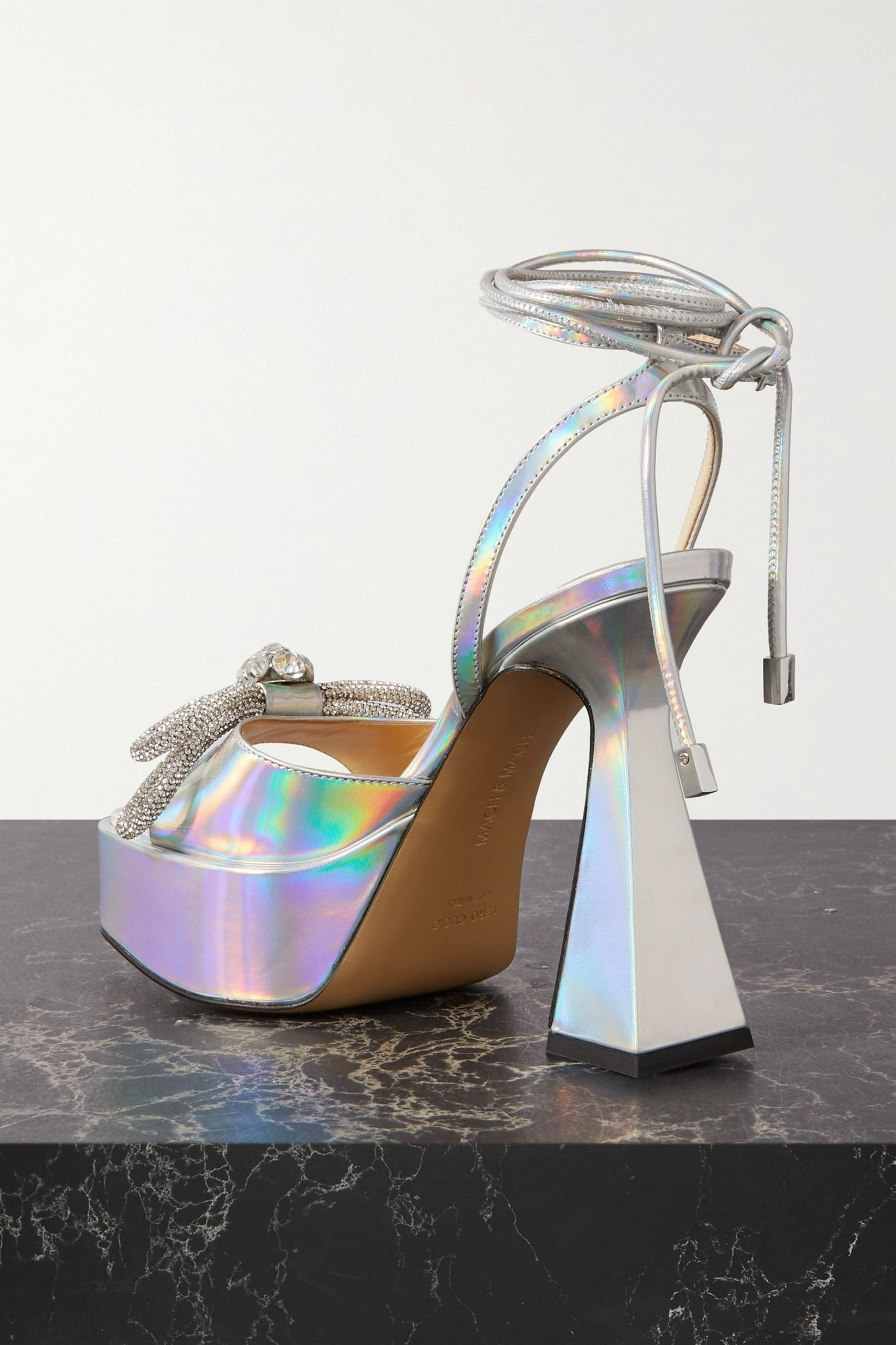 MACH & MACH Double Bow crystal-embellished iridescent leather platform sandals
