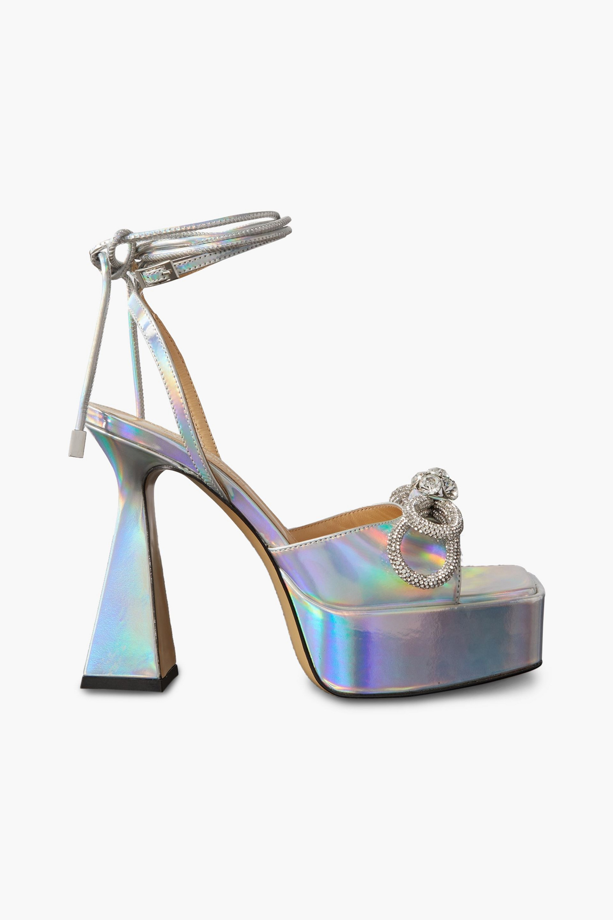 MACH & MACH Double Bow crystal-embellished iridescent leather platform sandals