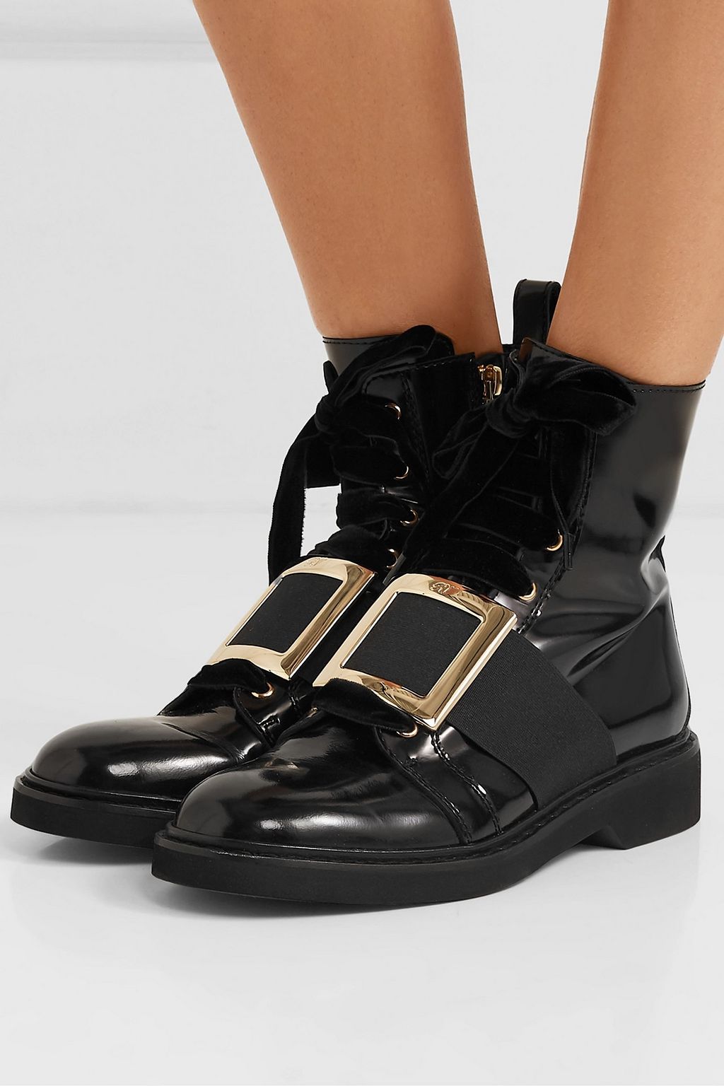 ROGER VIVIER Ranger embellished velvet-trimmed patent-leather ankle boots
