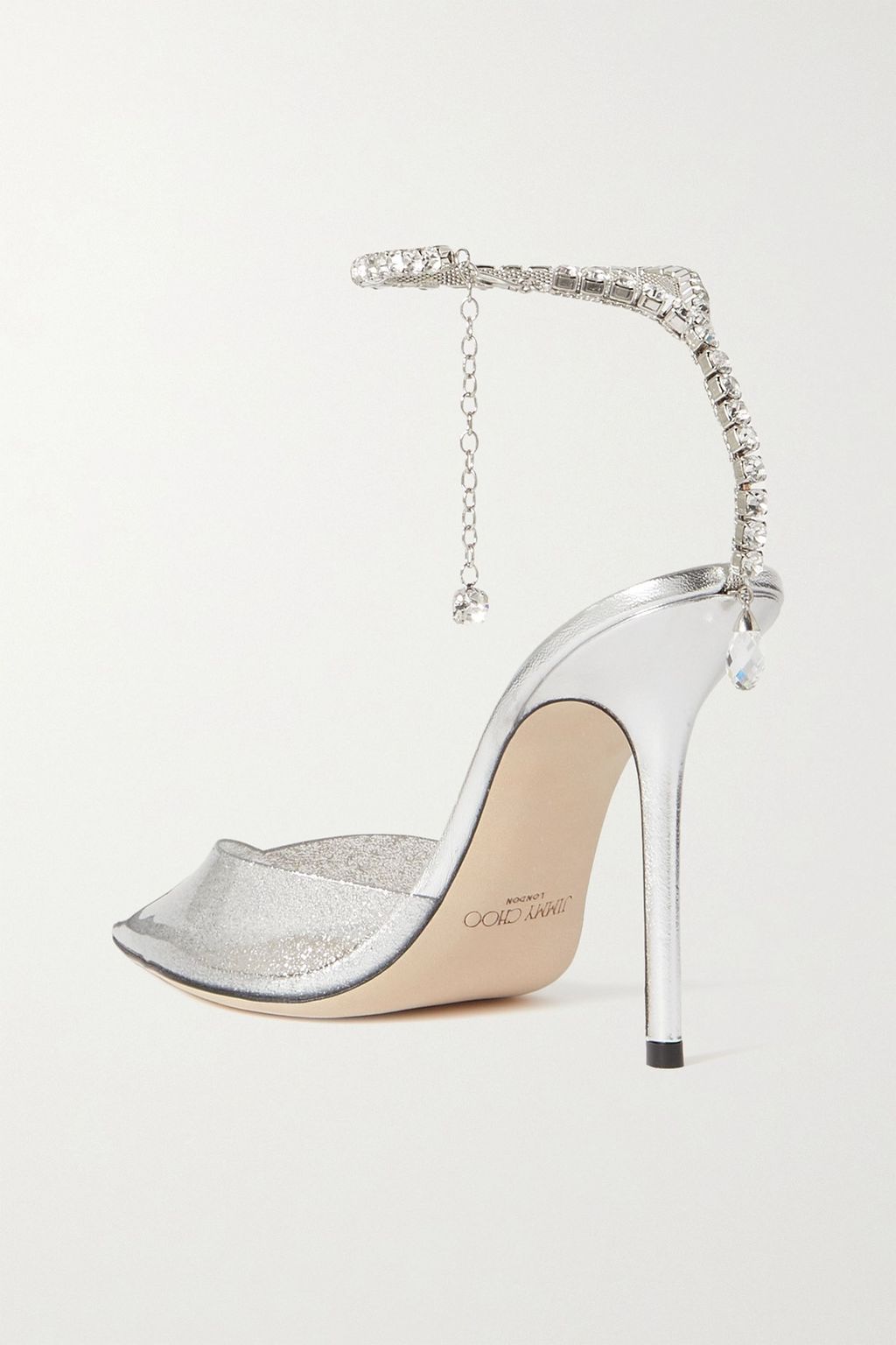 JIMMY CHOO Saeda 100 crystal-embellished glittered PVC and metallic leather pumps