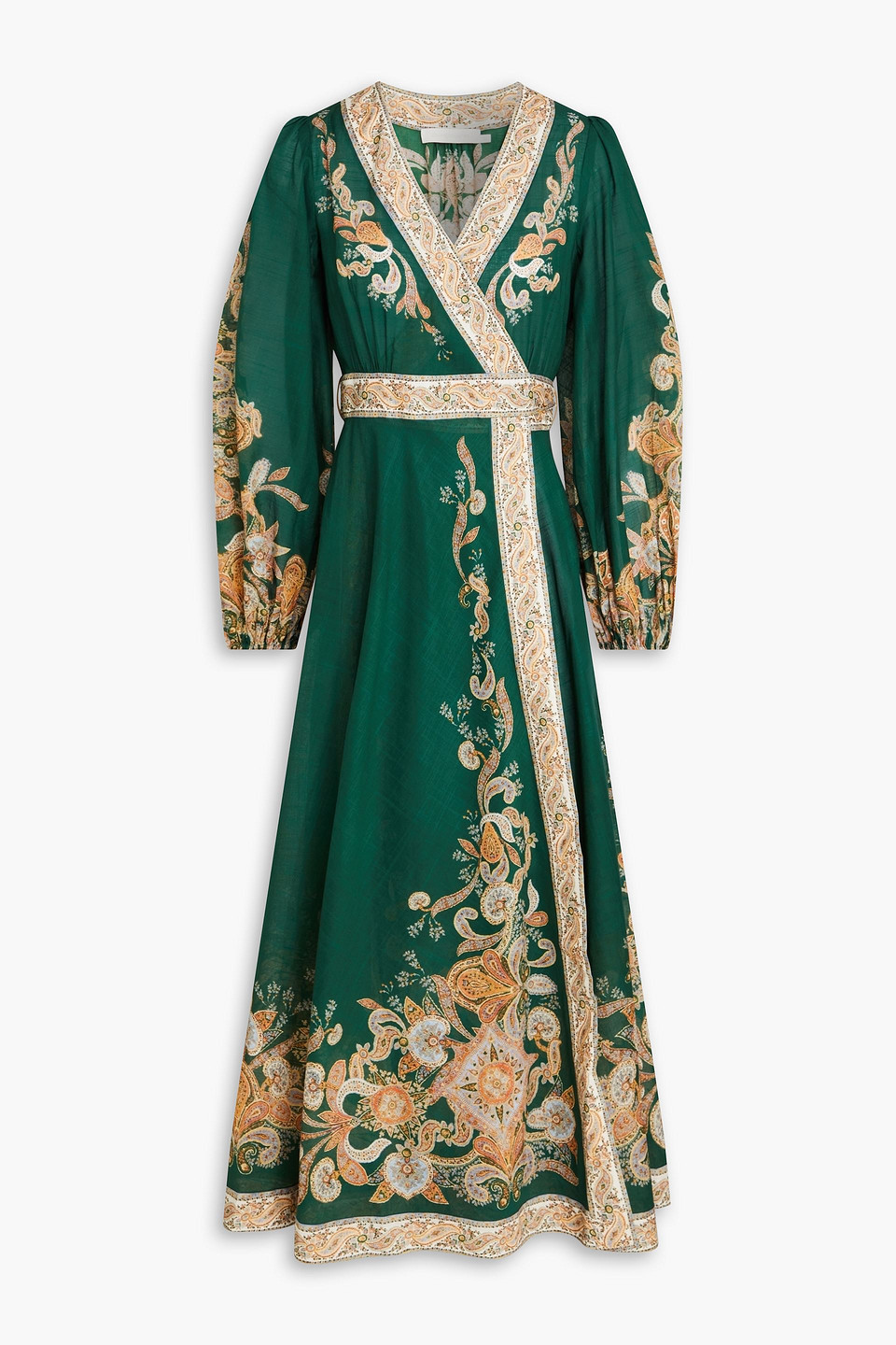Zimmermann Devi Belted Paisley-print Cotton-voile Midi Wrap Dress In Forest Green