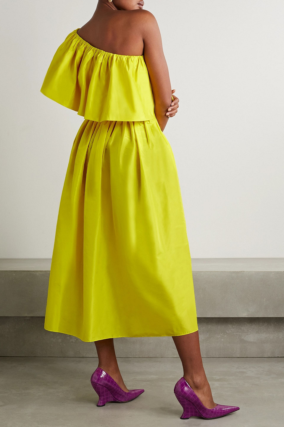 Adam Lippes One-shoulder Ruffled Belted Silk-taffeta Midi Dress In Yellow