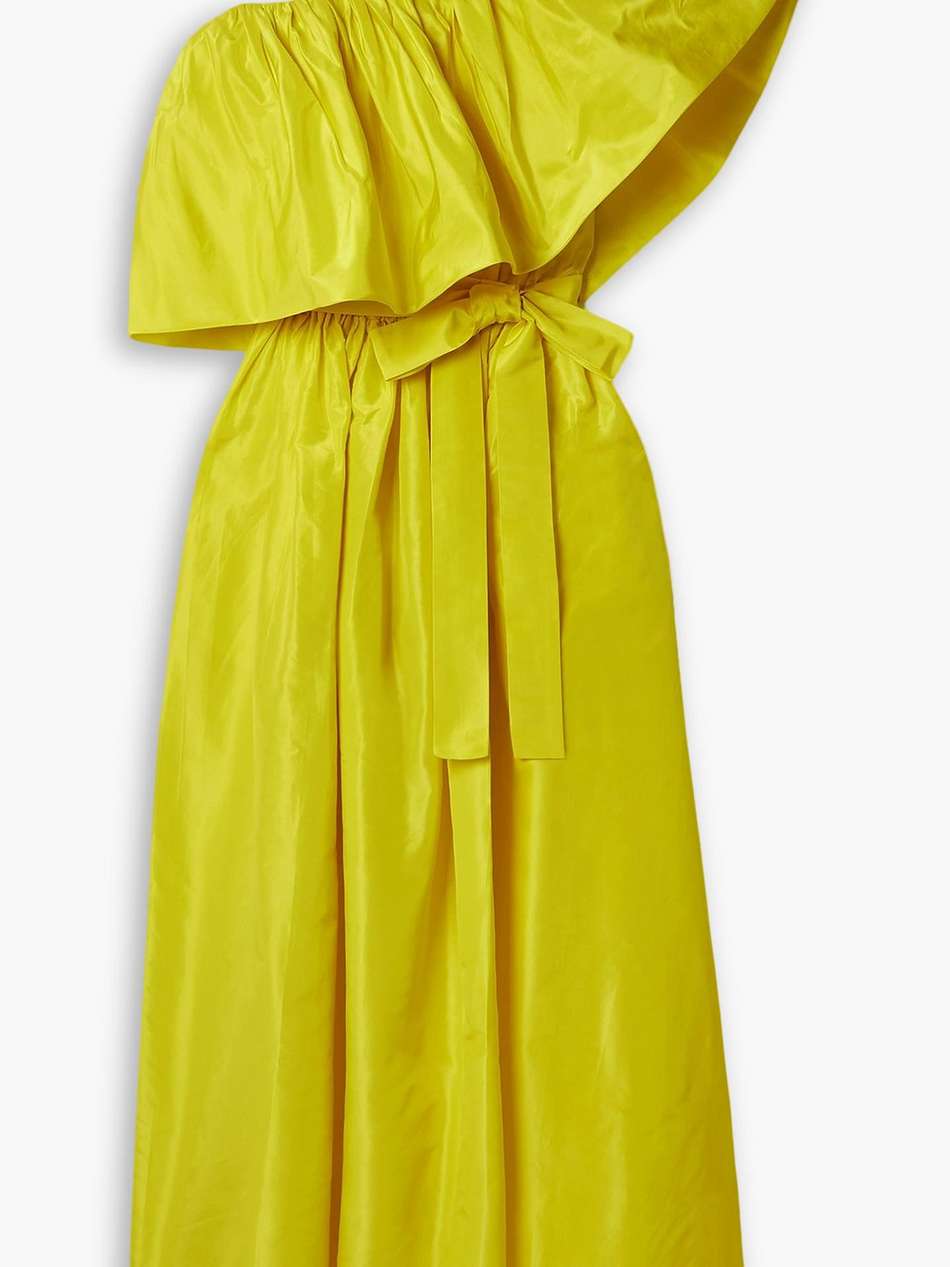 one-shoulder ruffled belted silk-taffeta midi dress