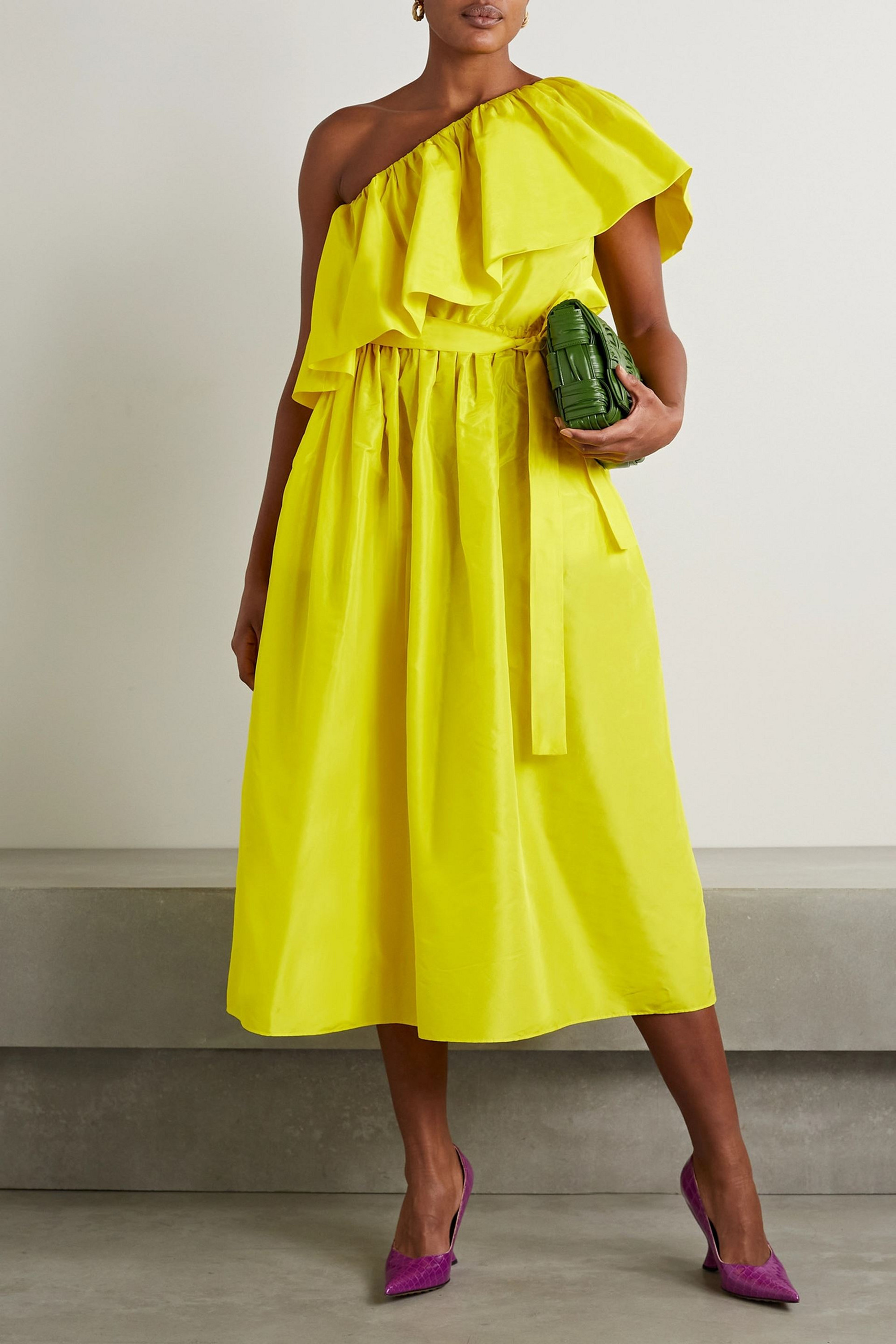 Adam Lippes One-shoulder ruffled belted silk-taffeta midi dress