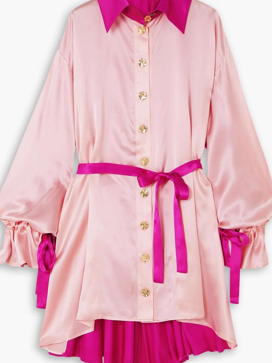 belted two-tone silk-satin mini shirt dress