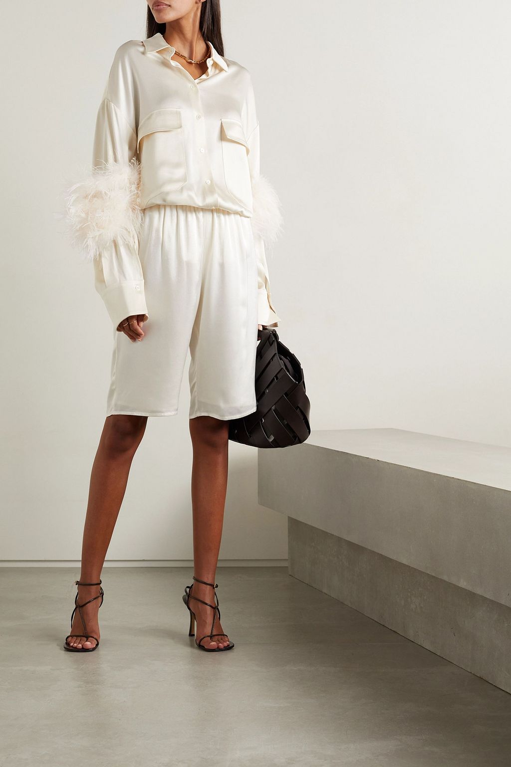 LAPOINTE Feather-trimmed satin shirt
