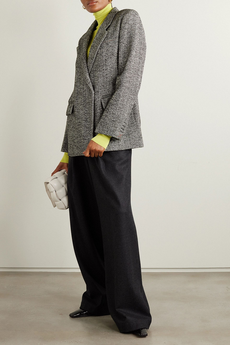  Victoria Beckham - Doppelreihiger Blazer Aus Tweed Aus Einer Wollmischung Mit Fischgratmuster - Schwarz - Uk 14 